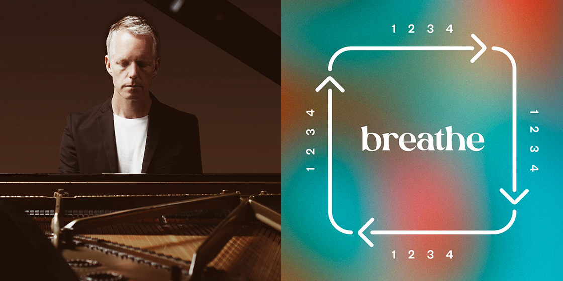 Chad Lawson by a piano, breathe logo on the right