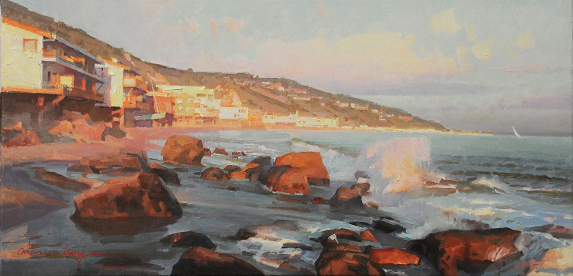 Calvin Liang, Incoming Tide in Malibu, oil on canvas.