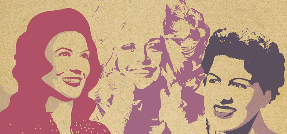 Graphic illustraion of Patsy Cline, Loretta Lynn and Dolly Parton