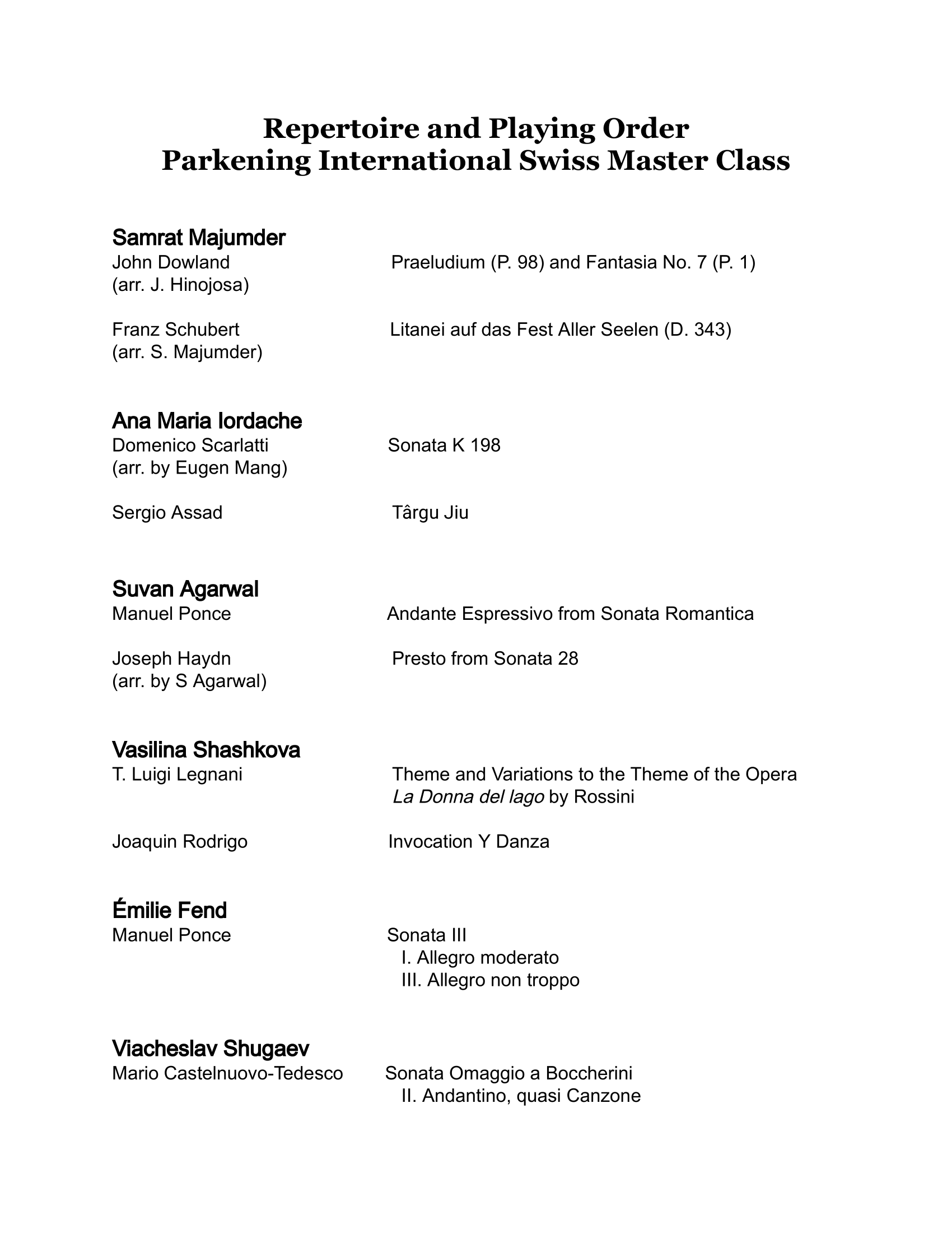 Parkening International Swiss Master Class Repertoire