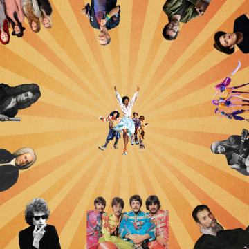 Image of several famous musicians on an orange background