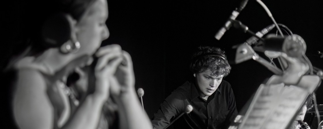 black and white image of two students playing instruments