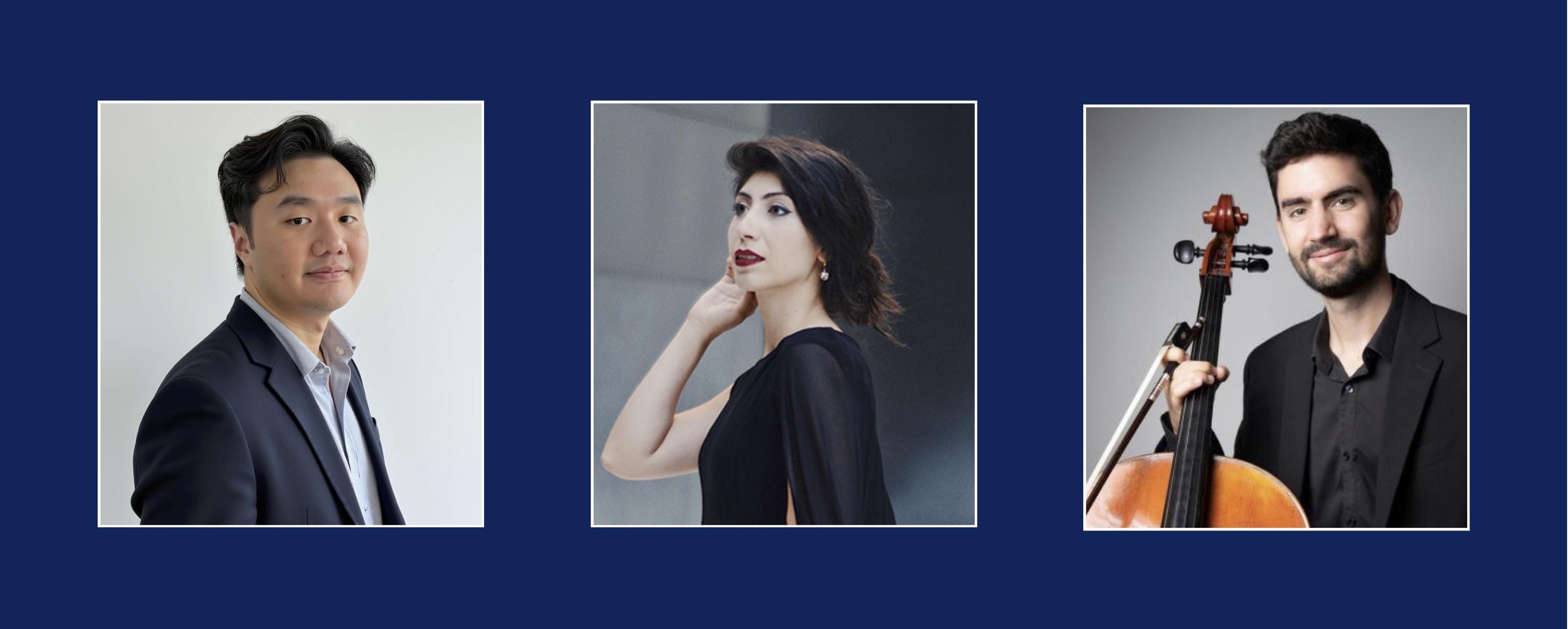 Three portraits on a dark blue background containing headshots of the faculty members and special guest featured in the recital performance.