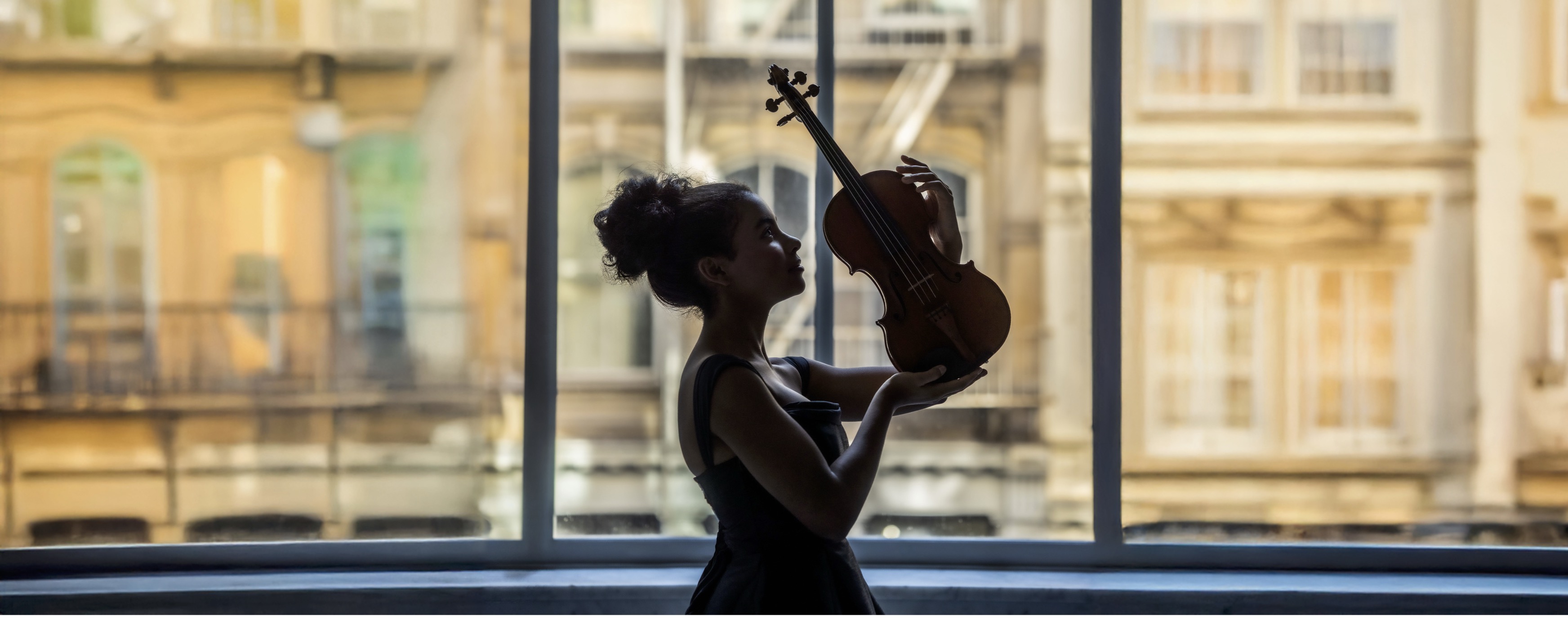 Image of violinist silhouetted in front of window 