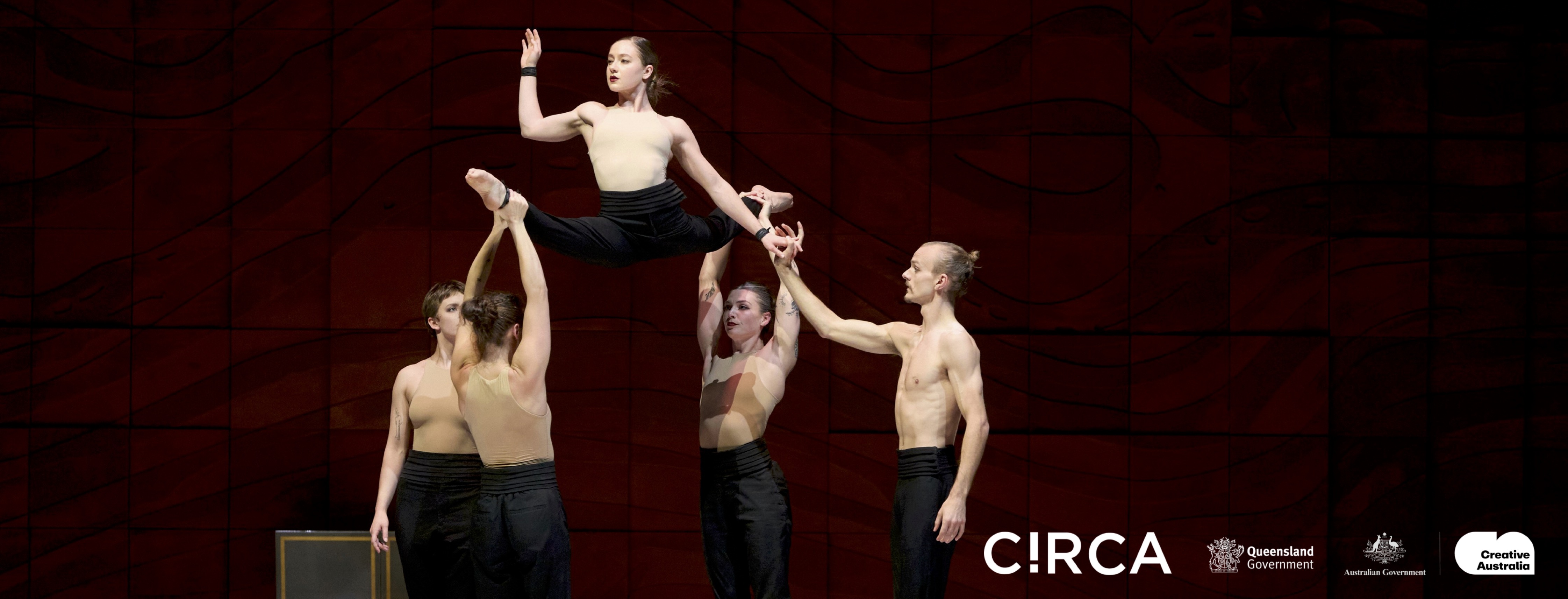 Image of acrobats with logos related to Circa dance company