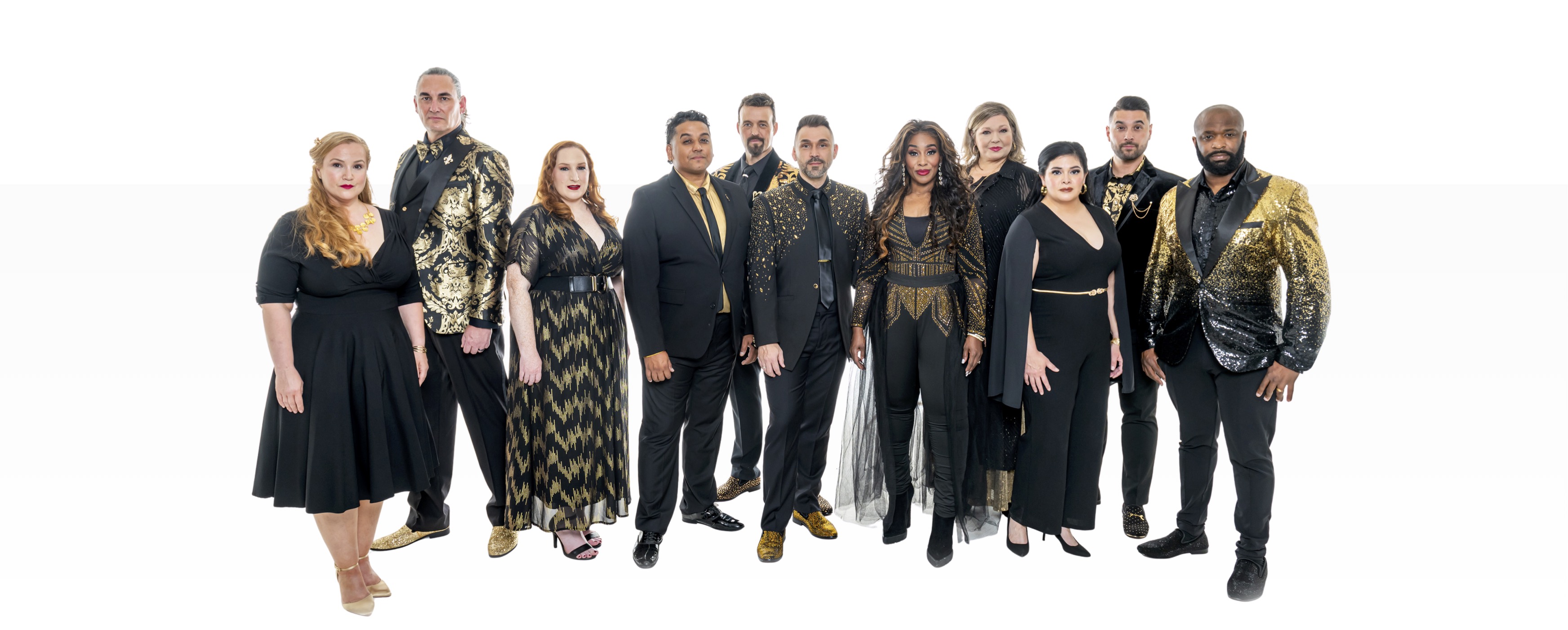 Image of vocal cast posing on white background