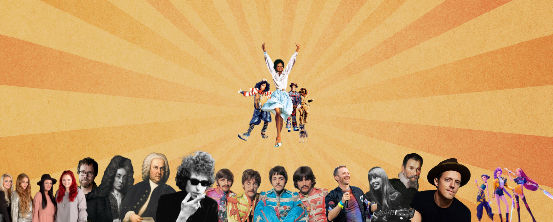 Image of several musicians on an orange and yellow background