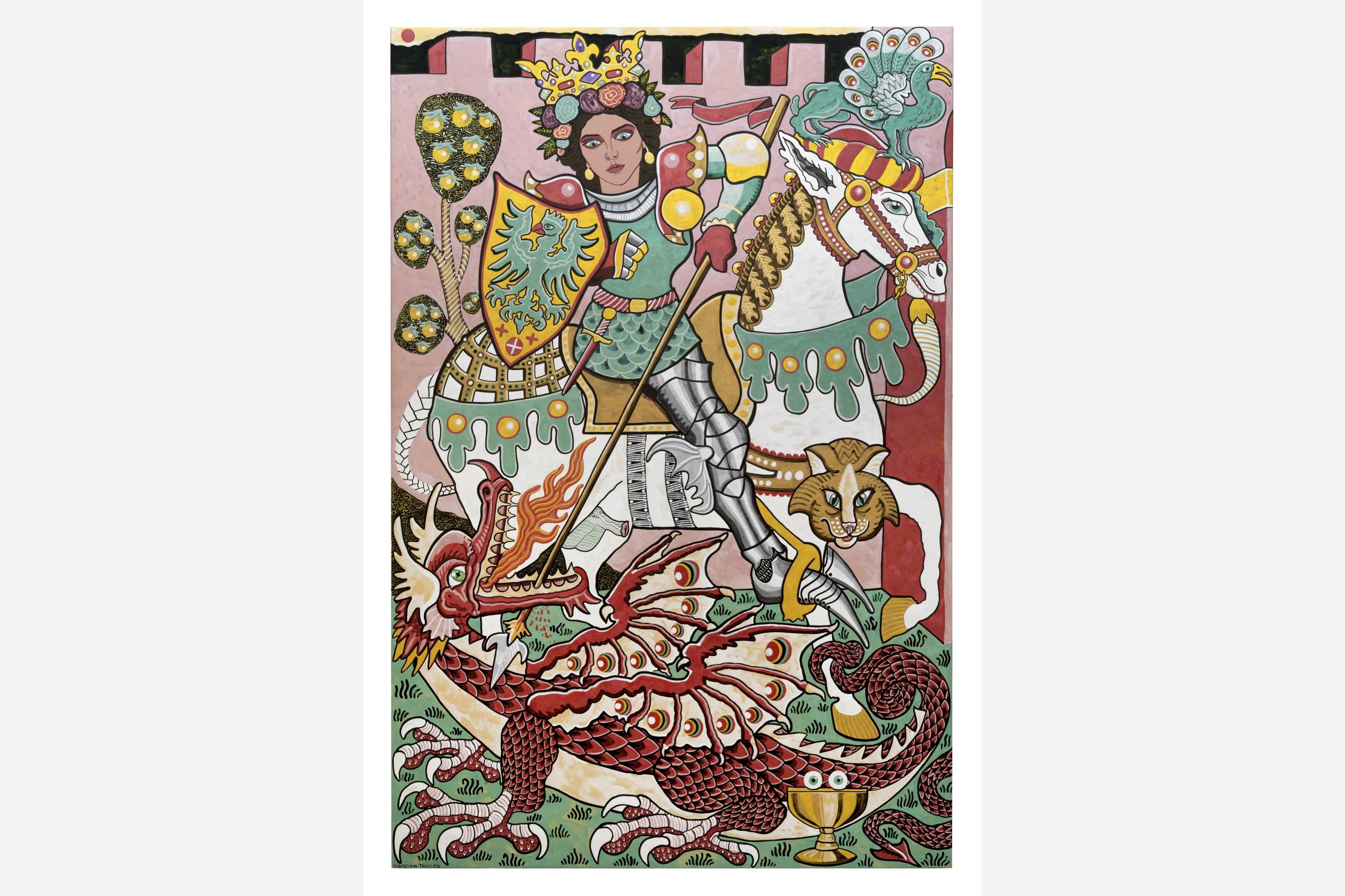 St. Lucy defeats a dragon while riding on horseback in a colorful medieval-inspired work