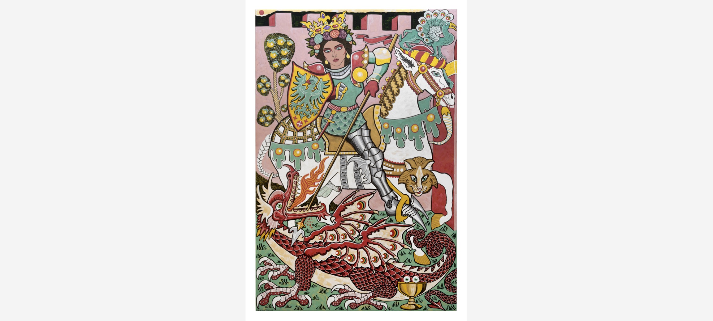 St. Lucy defeats a dragon while riding on a horse in colorful medieval-inspired artwork
